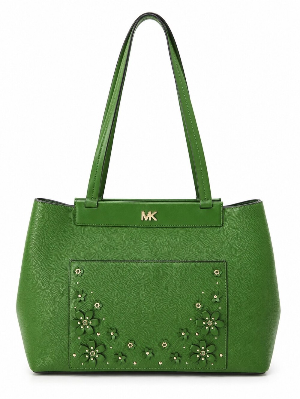 Michael Kors Green Floral Appliqué Pebbled Leather Tote Shoulder Bag Large